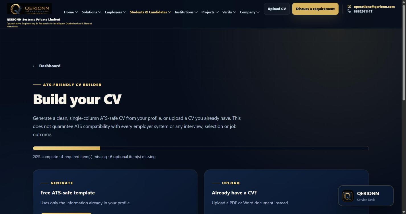 QERIONN ATS CV Builder screen with generate and upload options and a completeness progress bar.