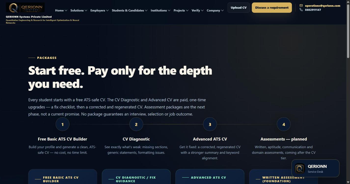 QERIONN package catalogue showing Free ATS CV Builder, CV Diagnostic and Advanced ATS CV pricing.